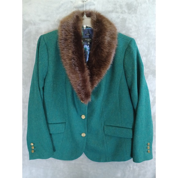 Talbots Blazer 18W Green Wool Blend Faux Fur Removable Collar Aberdeen Career - Picture 1 of 12